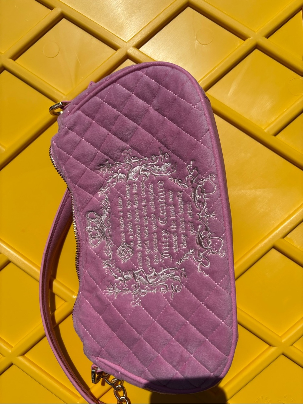 Juicy Couture Quilted Pink Suede Shoulder Bag with Embroidered Crest